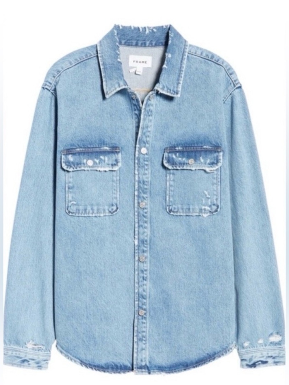 Frame Denim Light Blue Distressed Denim Shirt Jacket, Relaxed Fit, Unisex